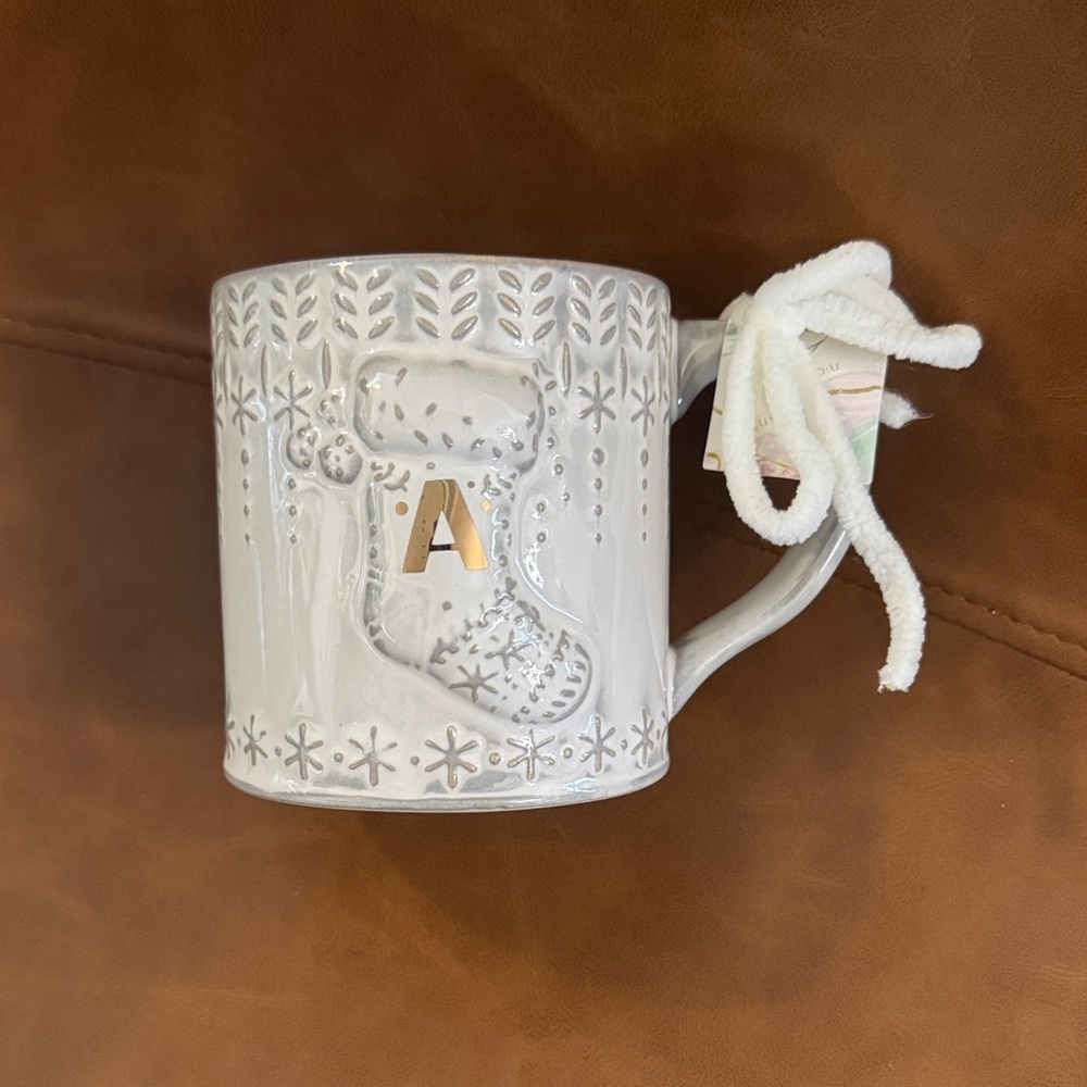 White Anthropologie Mug with Gold Letter A and Stocking Design